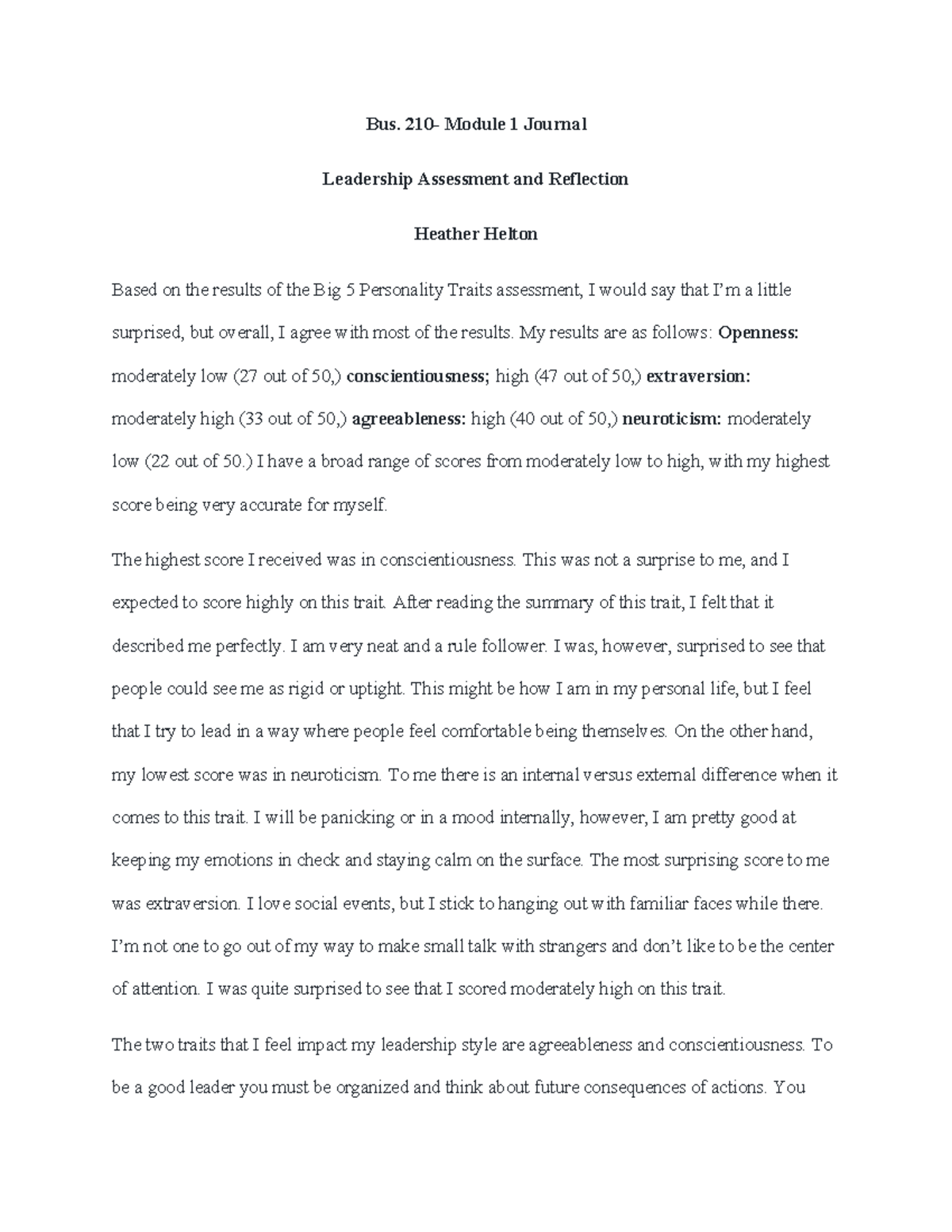 Bus. 210 Module 1 Journal - Bus. 210- Module 1 Journal Leadership ...