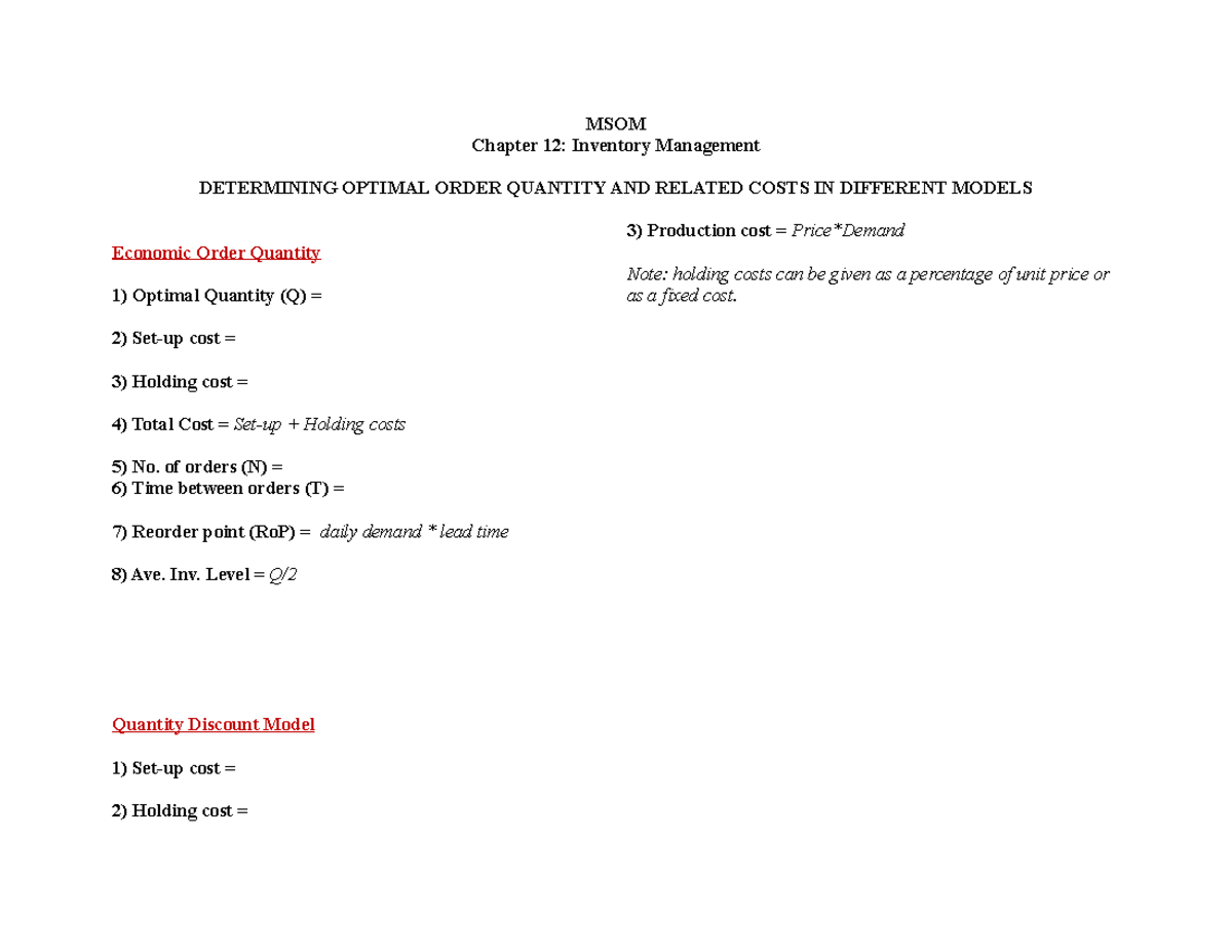 Ch 12 - EOQ Quantity Invt. Formulas - MSOM Chapter 12: Inventory ...