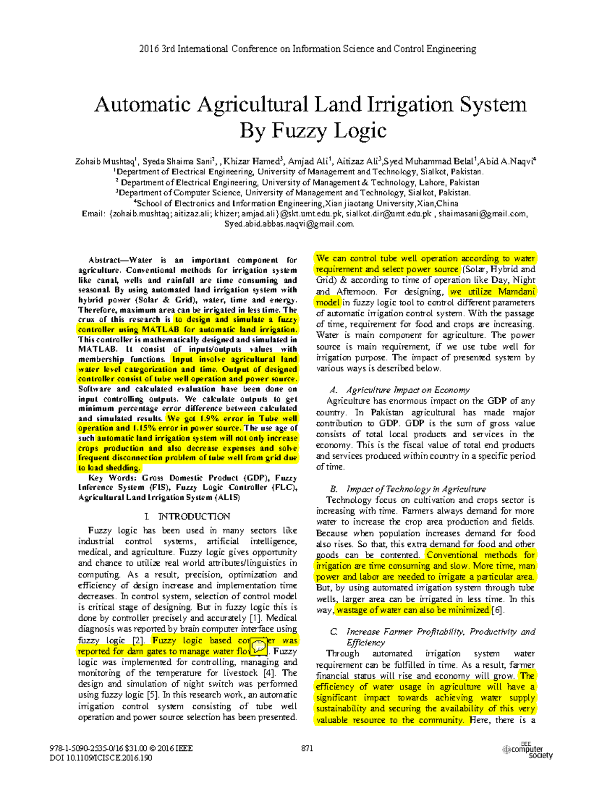 1 2016 Automatic Agricultural Land Irrigation System by Fuzzy Logic