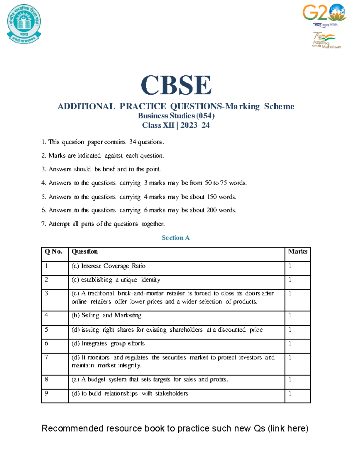 Asnwer - CBSE ADDITIONAL PRACTICE QUESTIONS-Marking Scheme Business ...