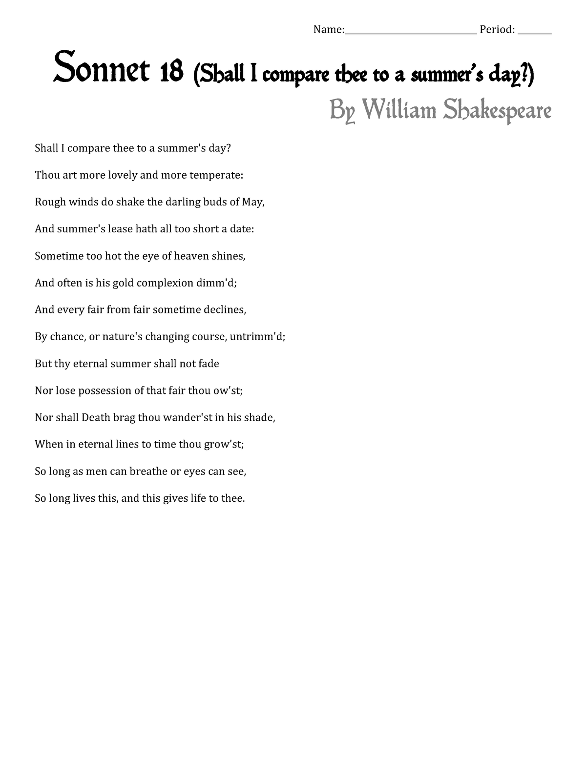 Sonnet 18 Name Period Sonnet 18 Shall I Compare 