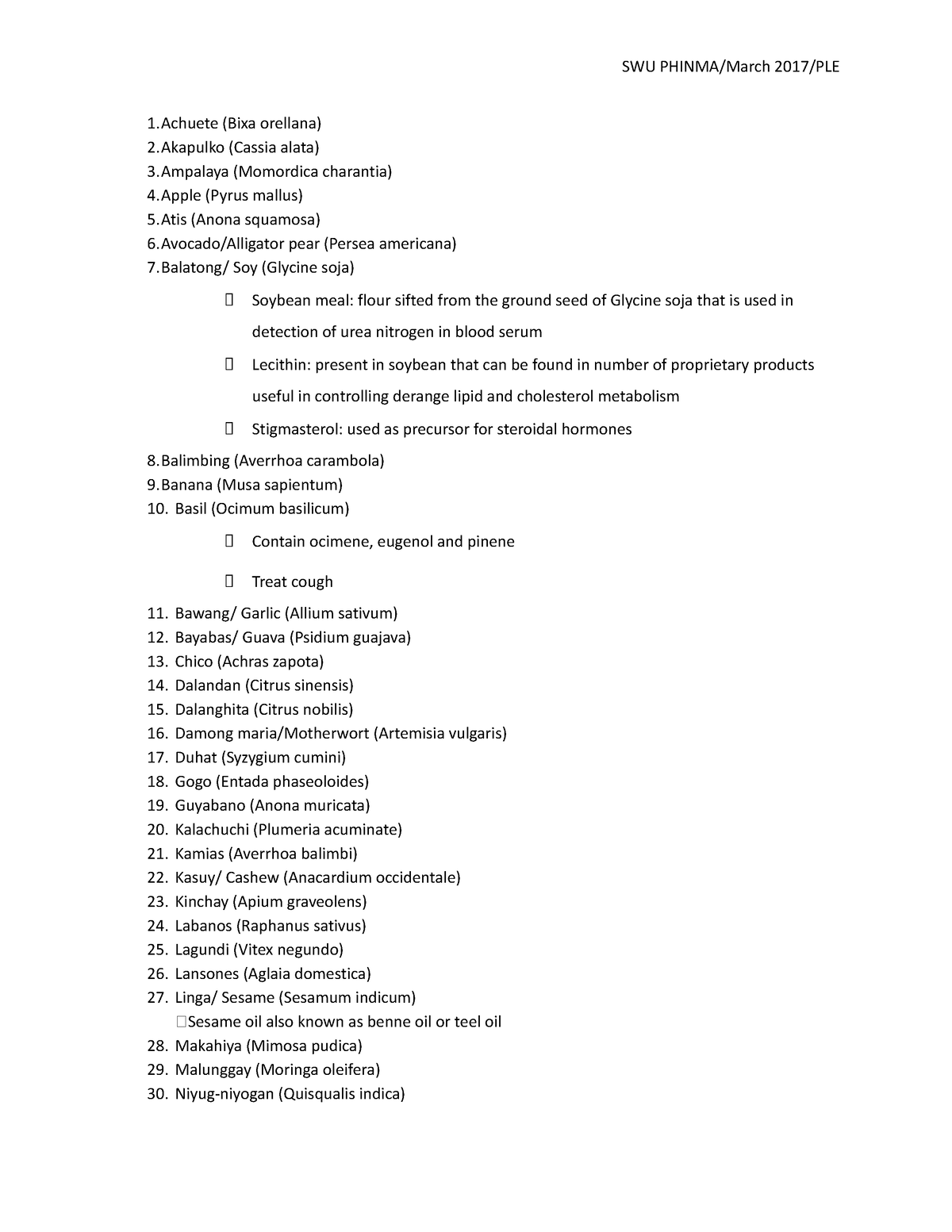 PCOG Scientific names summary - SWU PHINMA/March 2017/PLE 1 (Bixa ...