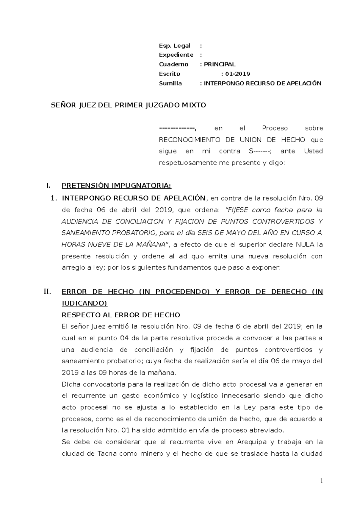 Apelación unión de hecho en contra de una resolución derecho civil