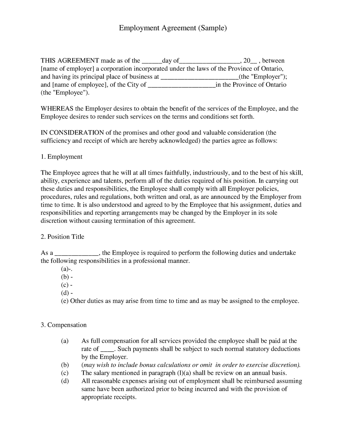 Sample Employment Contract - Employment Agreement (Sample) THIS ...