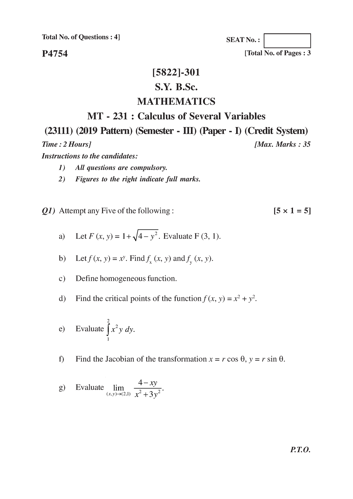 S.Y.B.SC ( SEM.- III ) 2019 Pattern - Q1) Attempt Any Five Of The ...