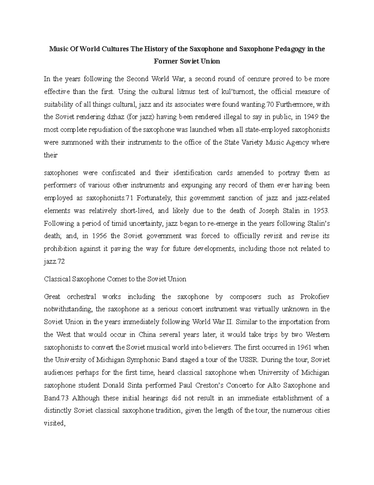 Music Of World Cultures II The History of the Saxophone and Saxophone