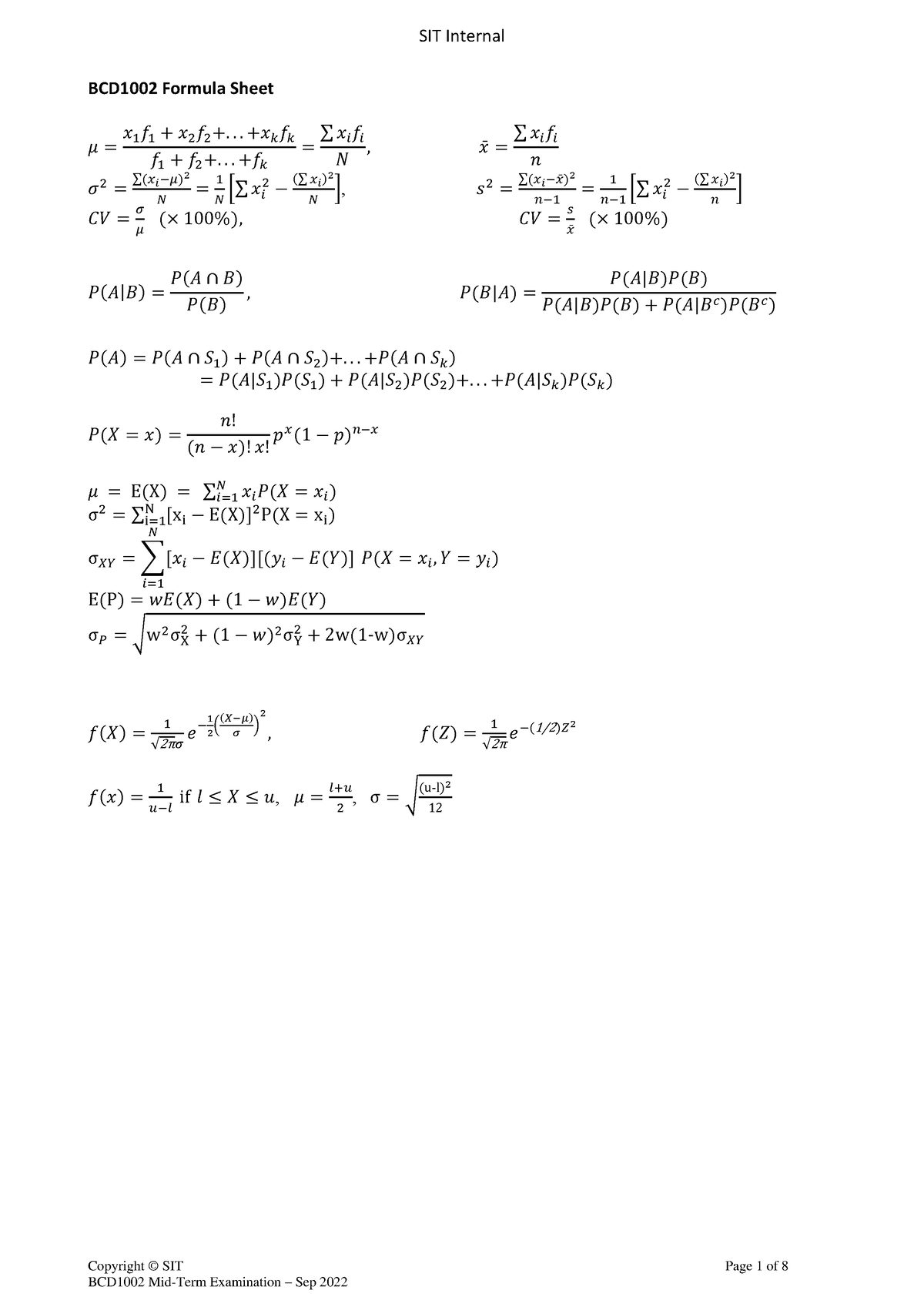 Formula Sheet for Exams - Copyright © SIT Page 1 of 8 BCD1002 Mid-Term ...