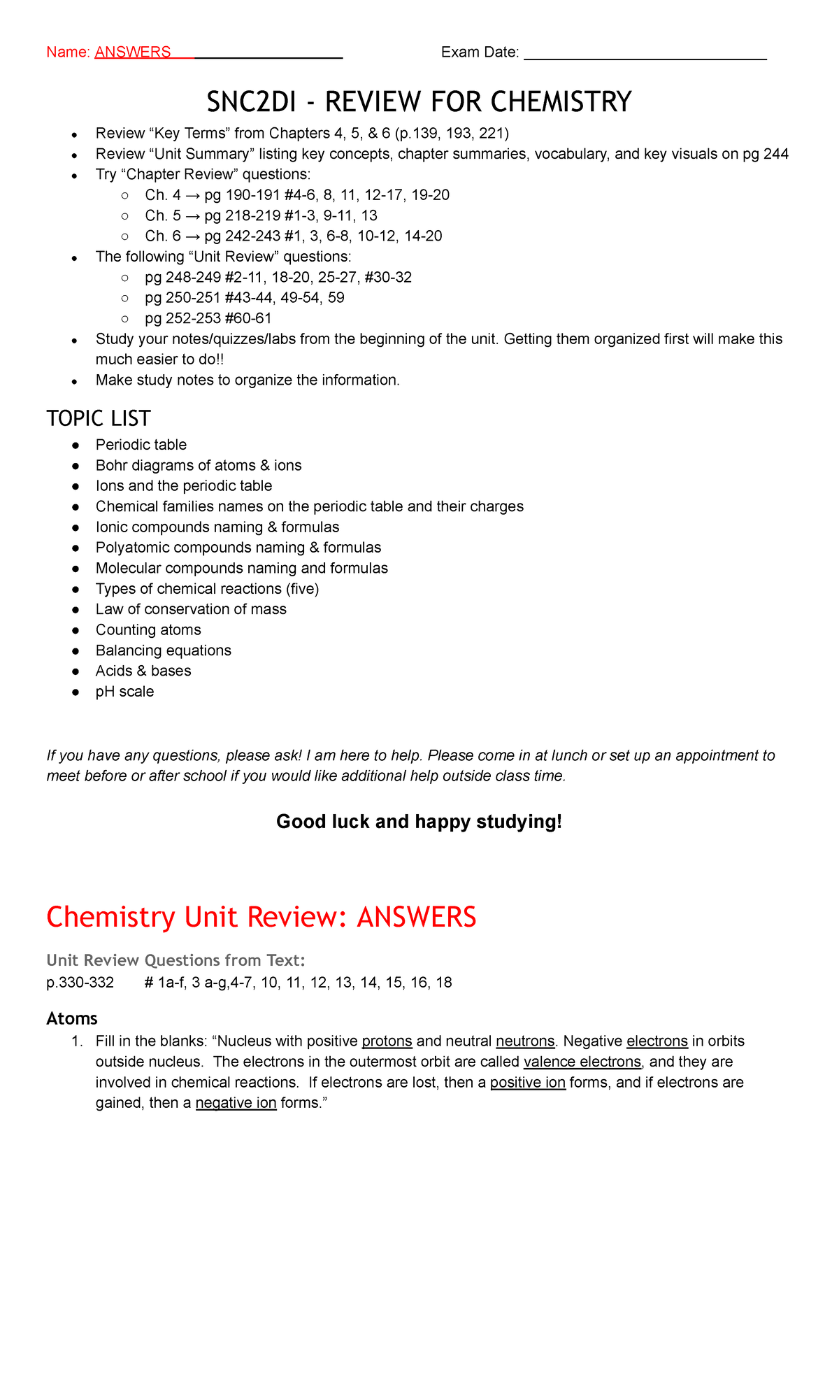 Chemistry Exam Review Booklet (answers) - Name: ANSWERS Exam Date