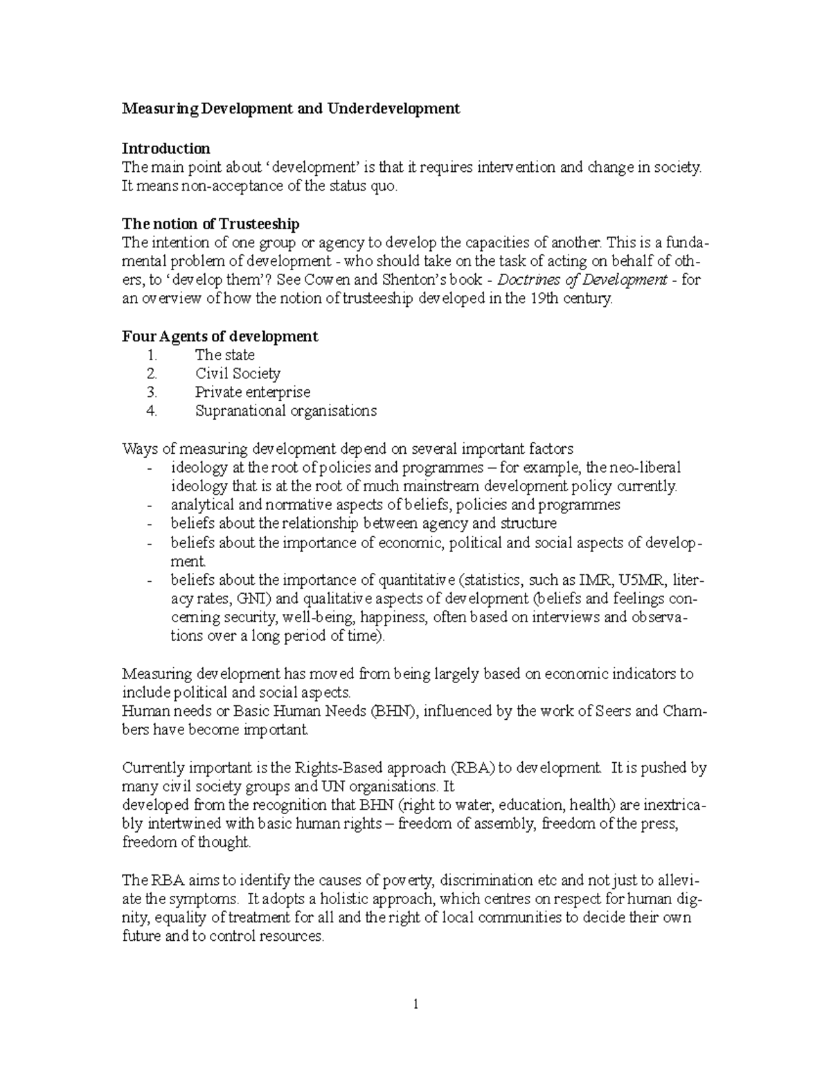 Measuring Development and Underdevelopment Measuring Development and Underdevelopment