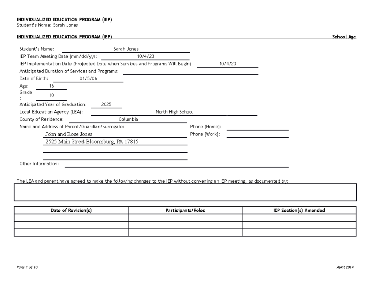 Blank IEP - Transition sections only 2021 - Student’s Name: Sarah Jones ...