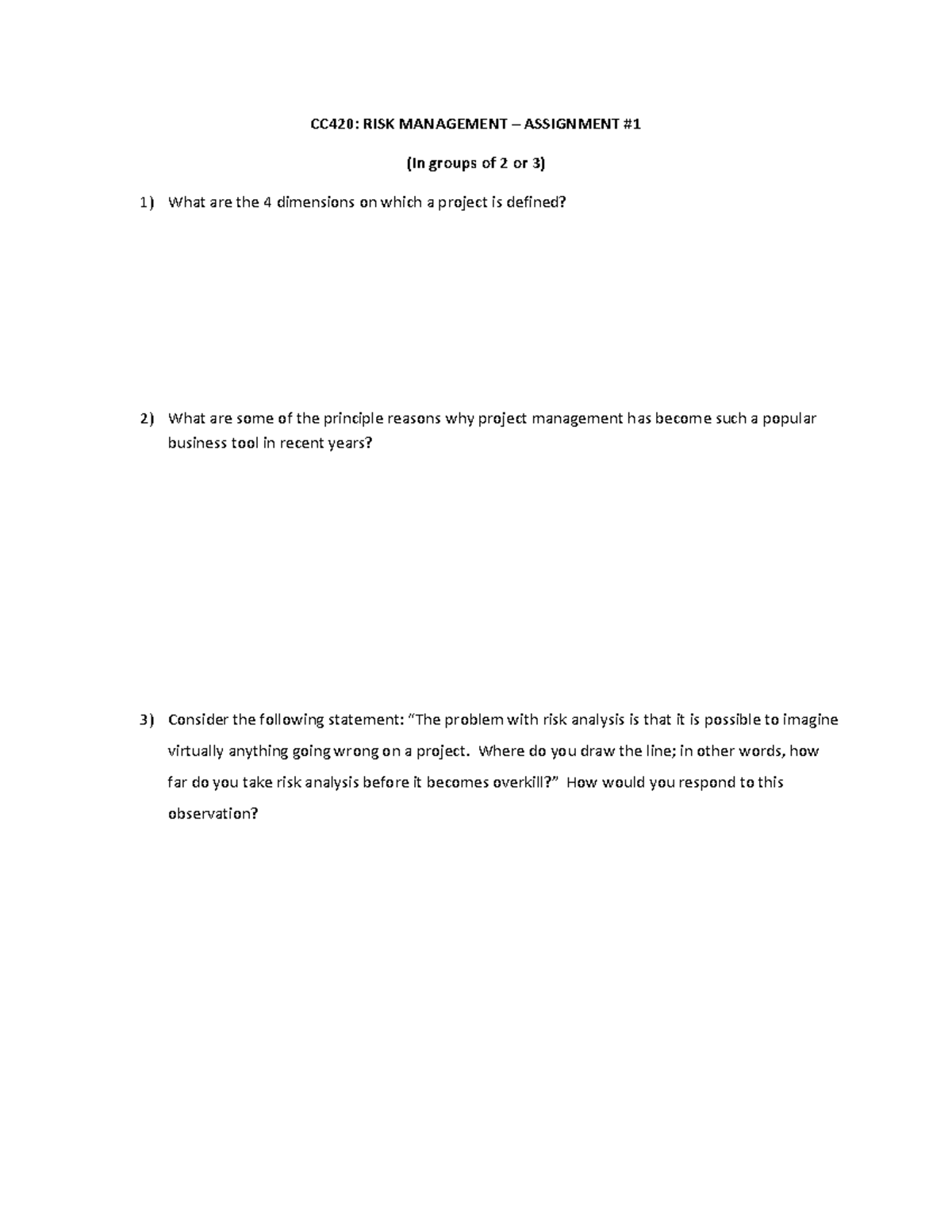 Assignment+#1+PM420 - risk management - CC420: RISK MANAGEMENT ...