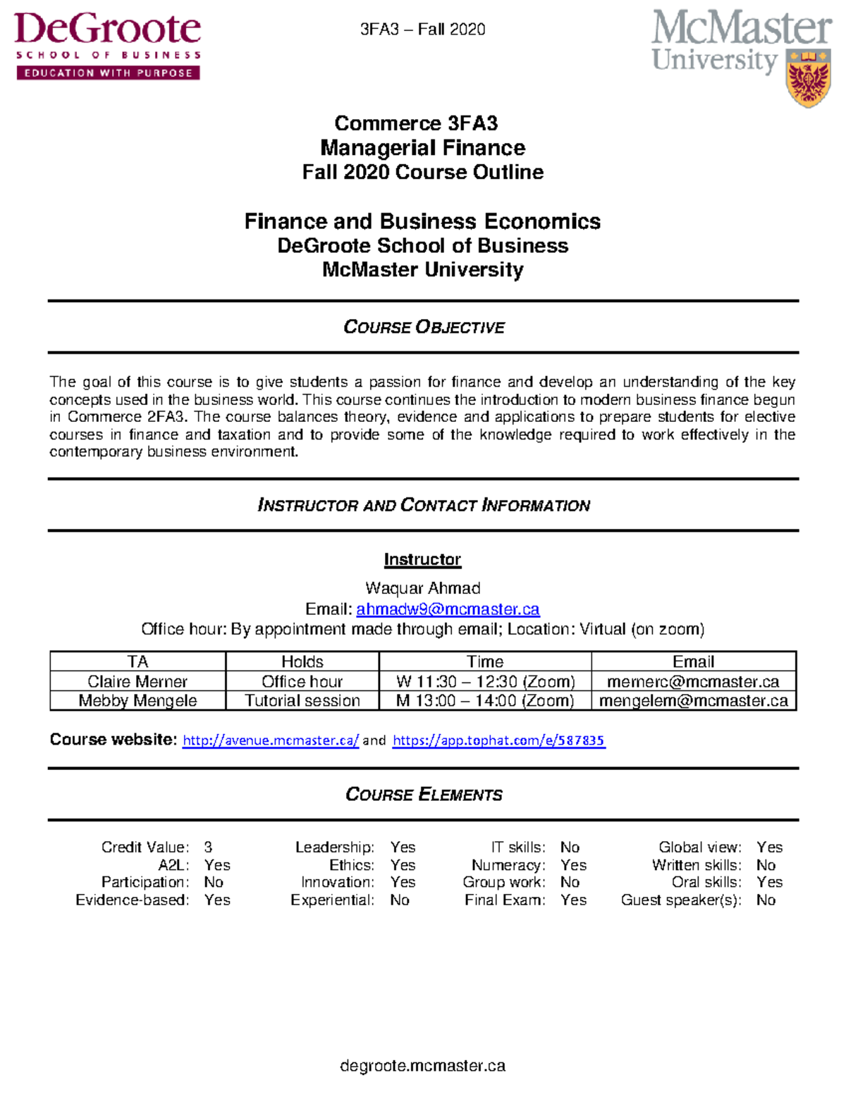 Commerce 3FA3 Course Outline Fall 2020 - Commerce 3FA Managerial ...
