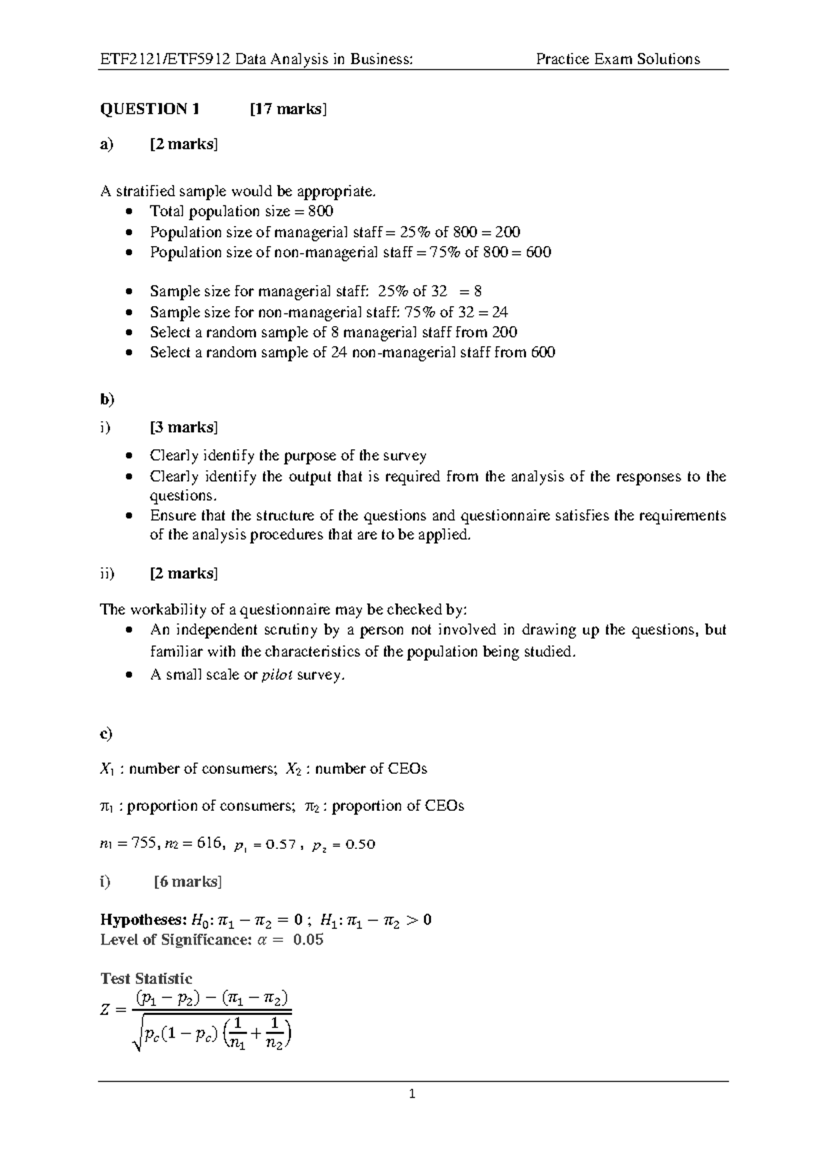 Practice Exam Solutions - QUESTION 1 [17 marks] a) [2 marks] A ...