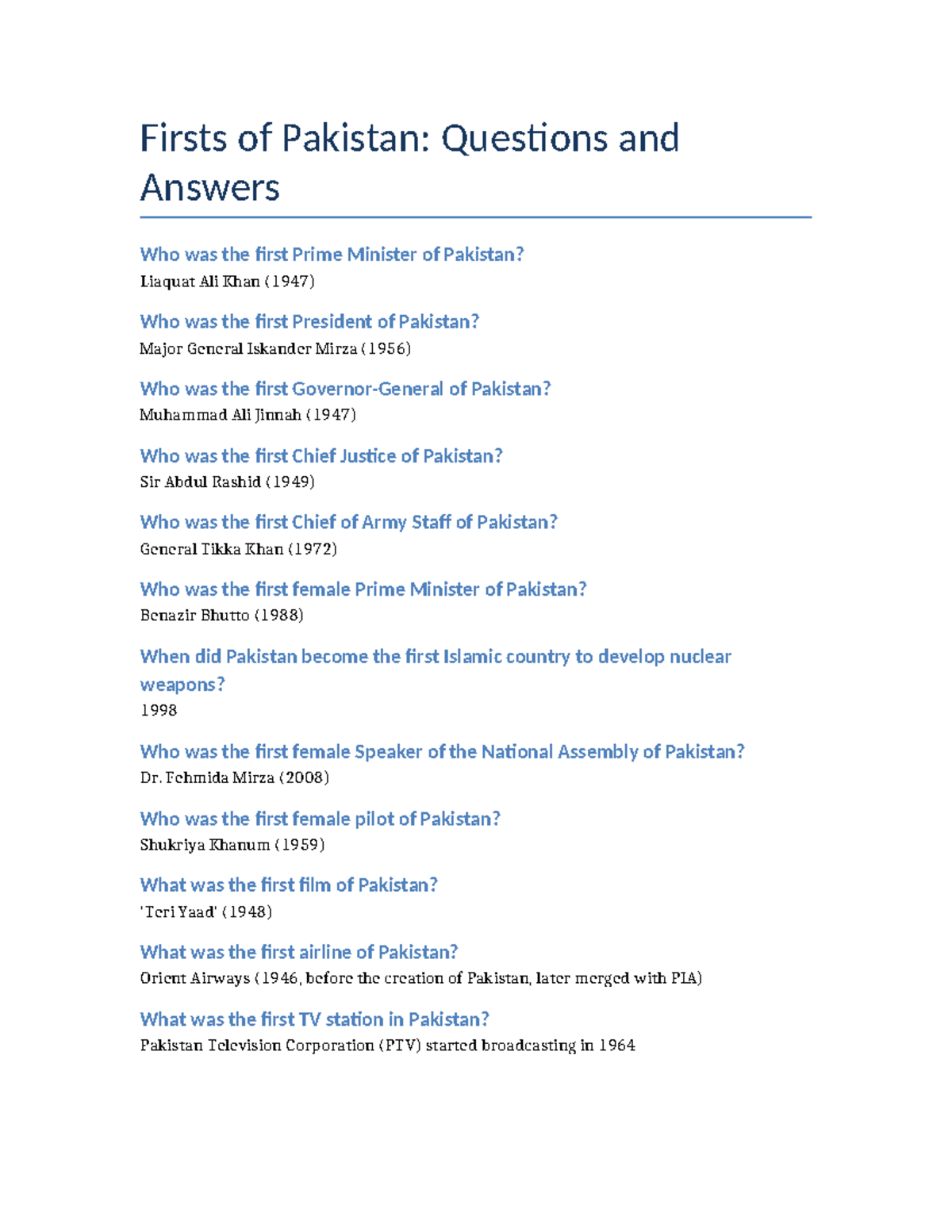 Firsts of Pakistan QA - The document contains all the information ...