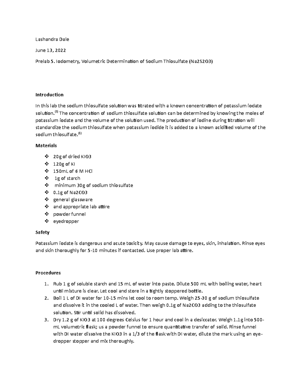 Prelab 5 - pre-lab report - Lashandra Dale June 13, 2022 Prelab 5 ...