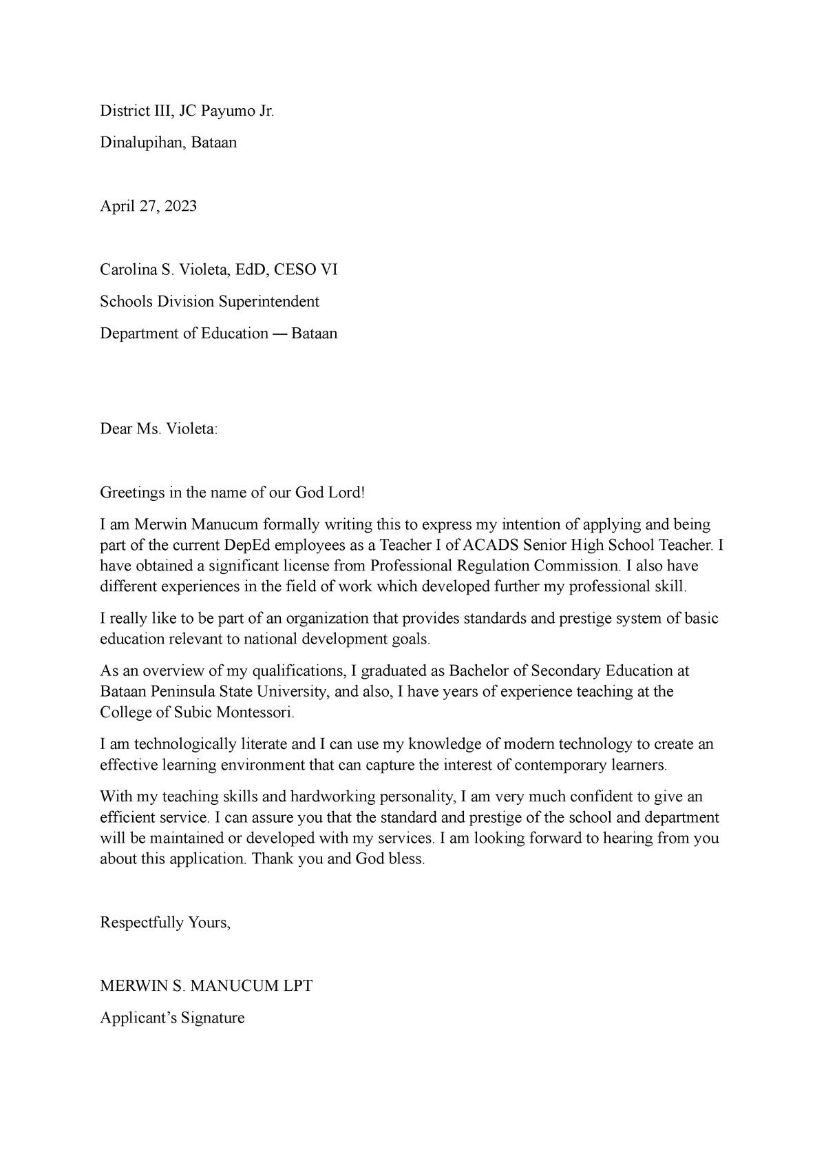 Letter OF Intent Senior HIGH - District III, JC Payumo Jr. Dinalupihan ...