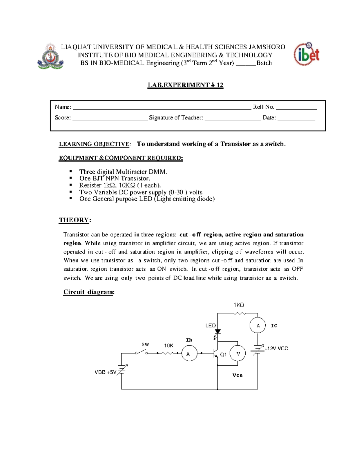 Basic electronics Lab no 12 Name
