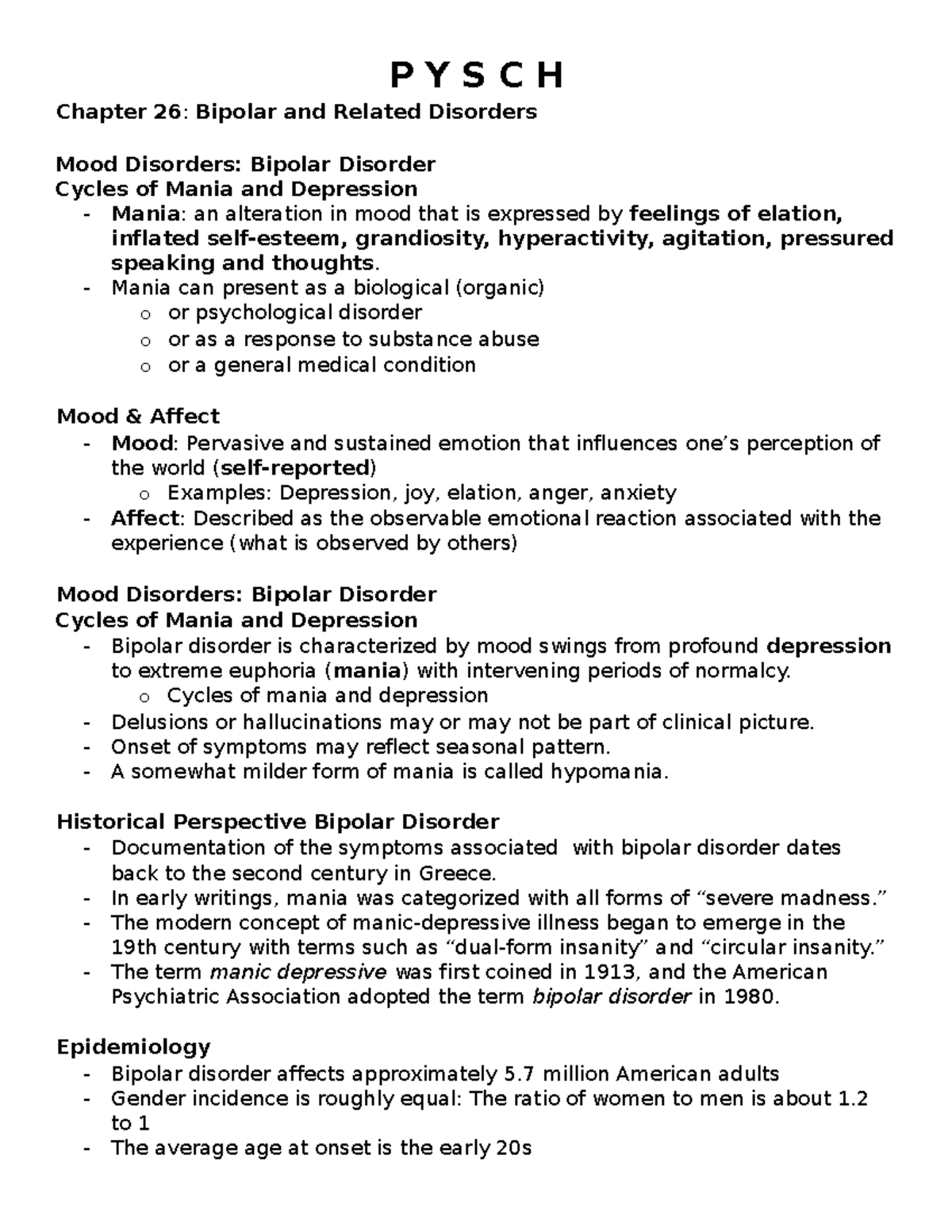 Chapter 26 Bipolar & Related Disorders - P Y S C H Chapter 26: Bipolar ...