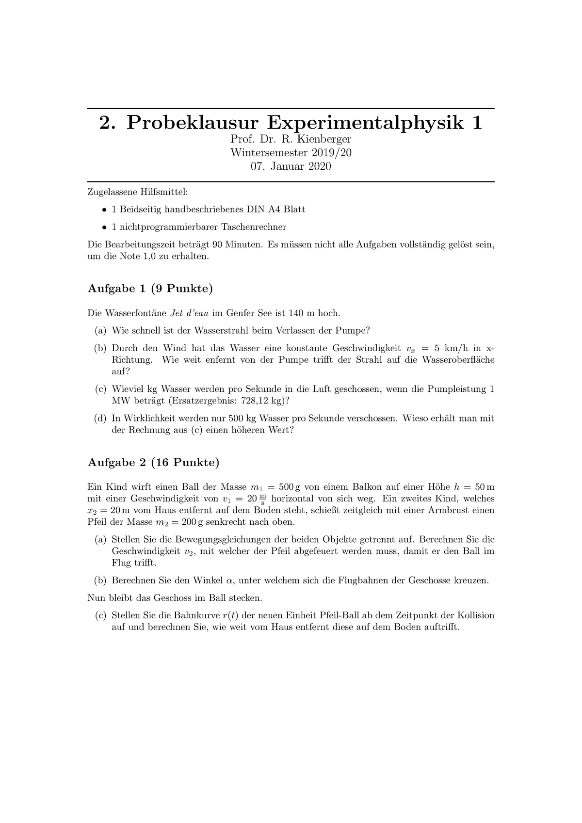 Probeklausur 2 Ex Phys 1 Ws2019 - 2. Probeklausur Experimentalphysik 1 ...