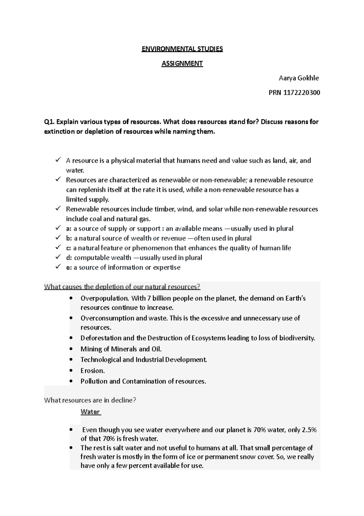 Environmental Studies Assignment - ENVIRONMENTAL STUDIES ASSIGNMENT ...