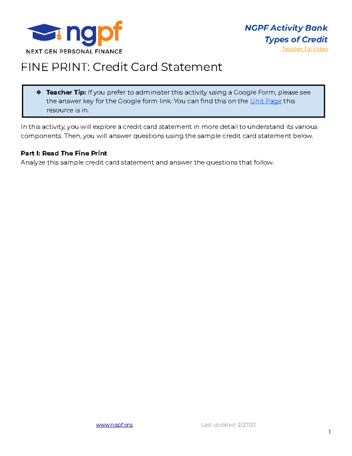 Copy of FINE Print Credit Card Statement NGPF Activity Bank Types of