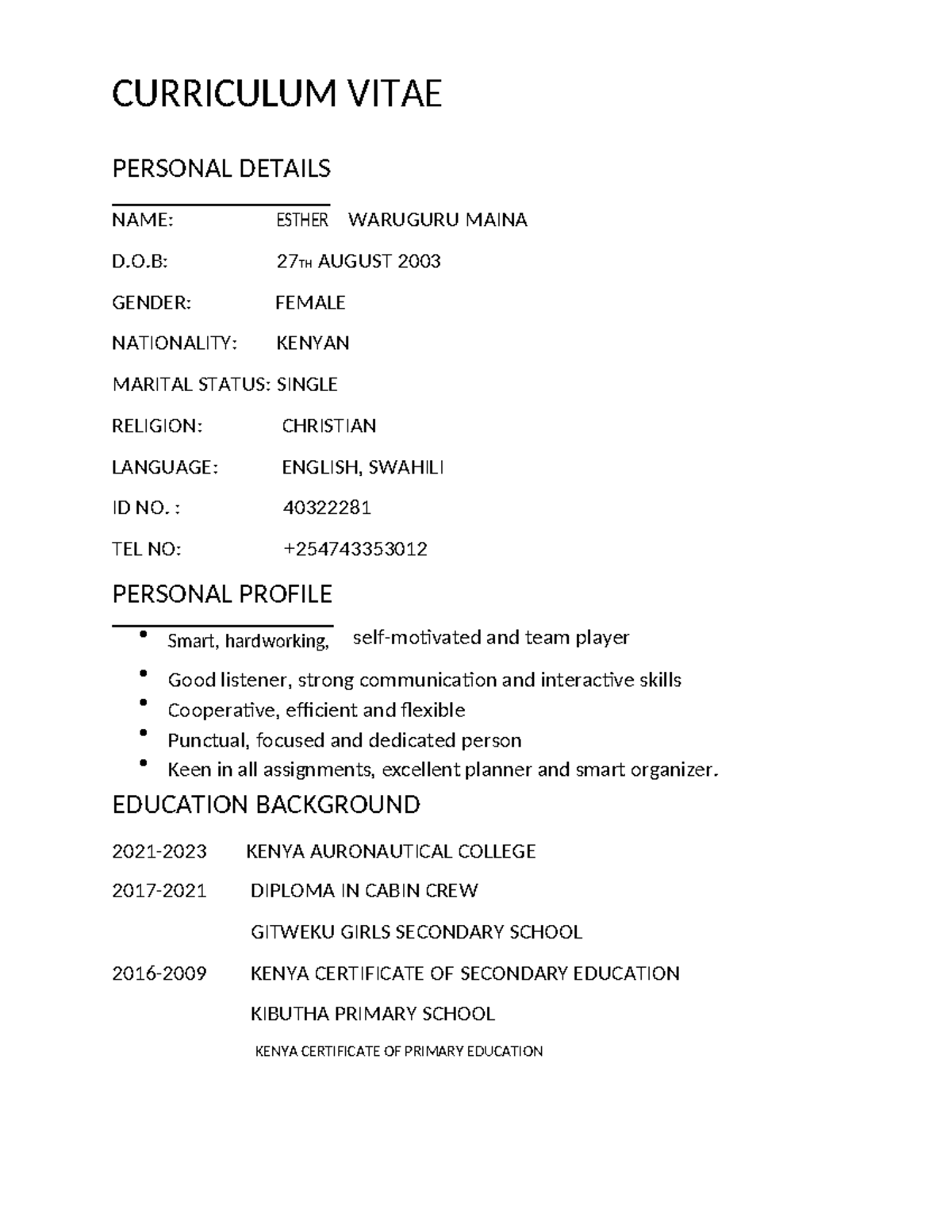 CV - Comprehensive notes. - CURRICULUM VITAE PERSONAL DETAILS NAME ...