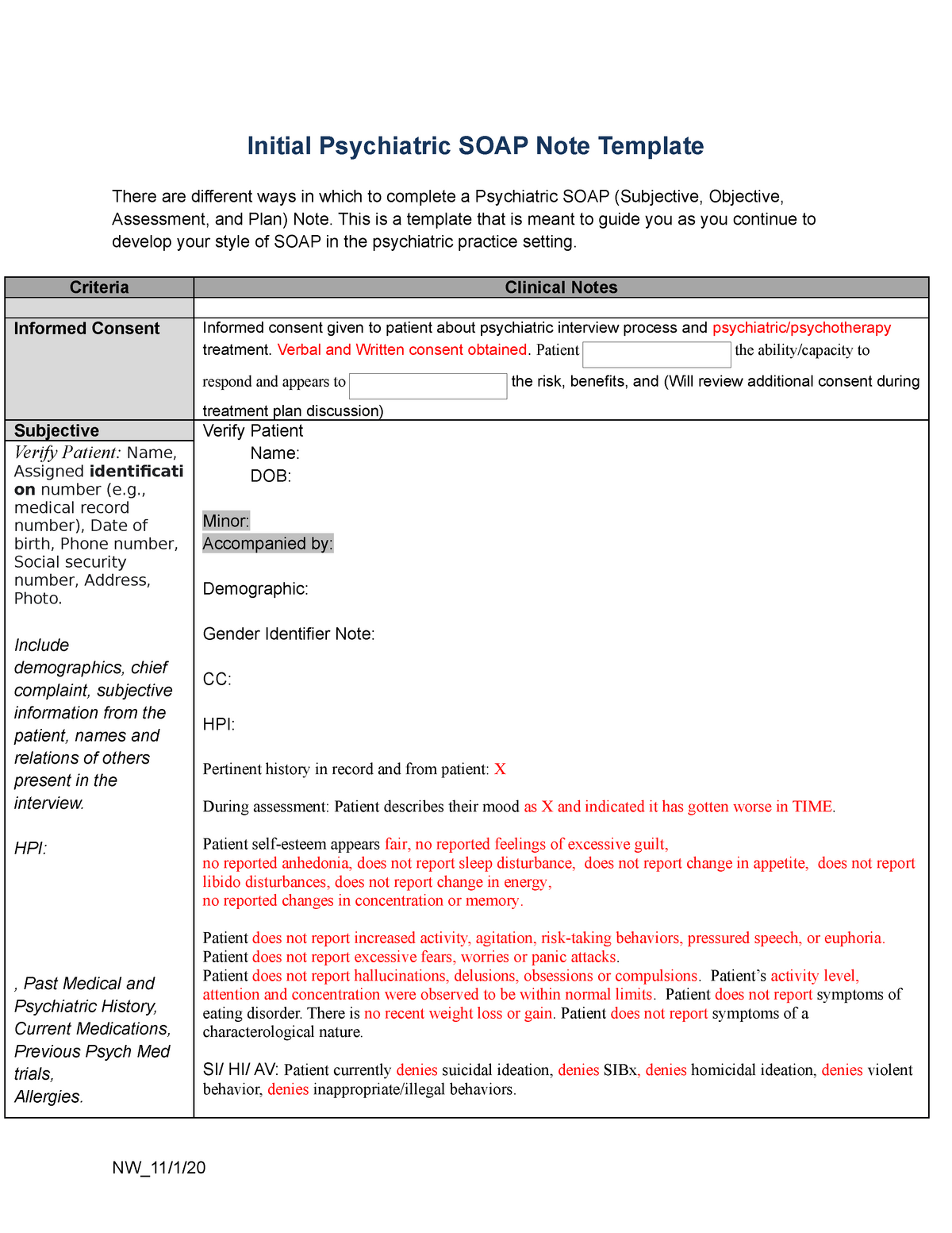 NU20 Initial Psychiatric SOAP Note Template - Initial Psychiatric Intended For Psychiatry Note Template