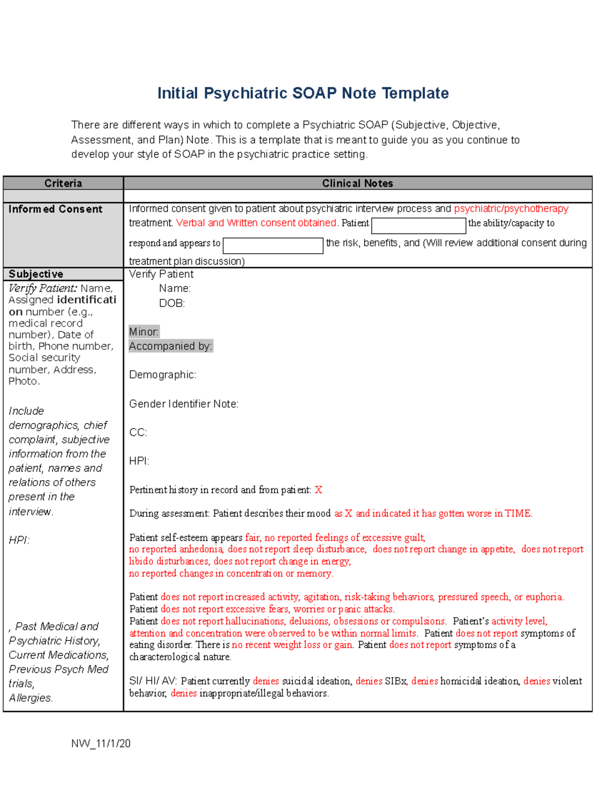 NU20 Initial Psychiatric SOAP Note Template - Initial Psychiatric Intended For Psychiatry Note Template