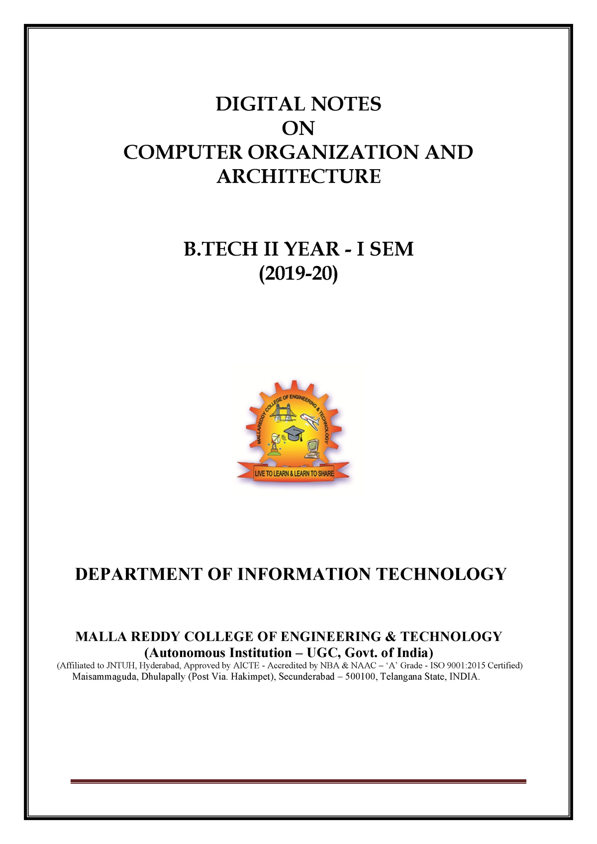 R18A1201 COA - DIGITAL NOTES ON COMPUTER ORGANIZATION AND ARCHITECTURE ...