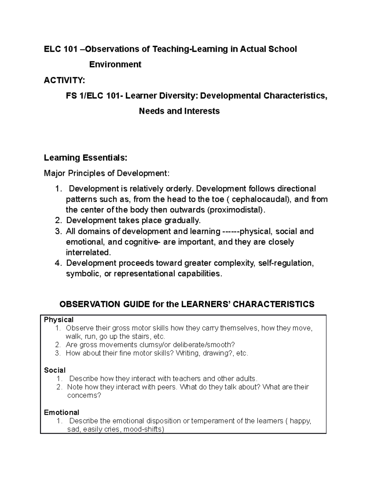 ELC Episode 2 - ELCL101 - ELC 101 –Observations of Teaching-Learning in ...