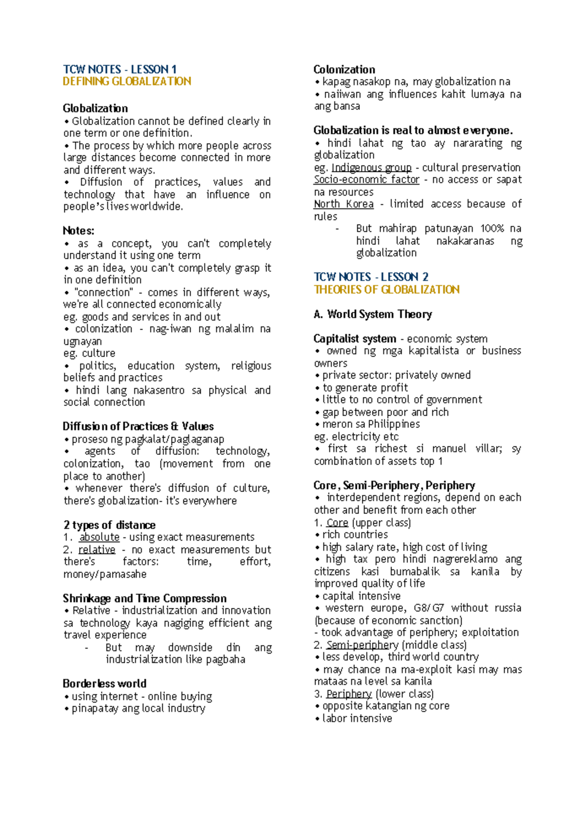 Tcw Lesson 1 Globalization Tcw Notes Lesson 1 Defining