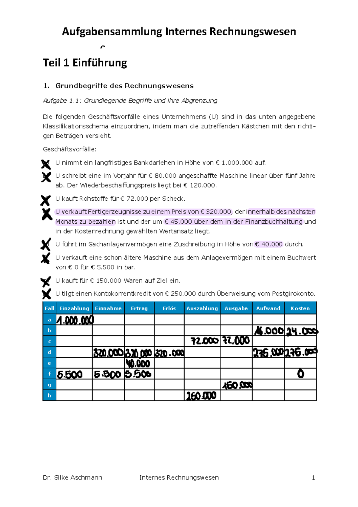 Aufgabensammlung Internes Rechnungswesen Teil 1 Einf Ã¼hrung-1 - Teil 1 ...