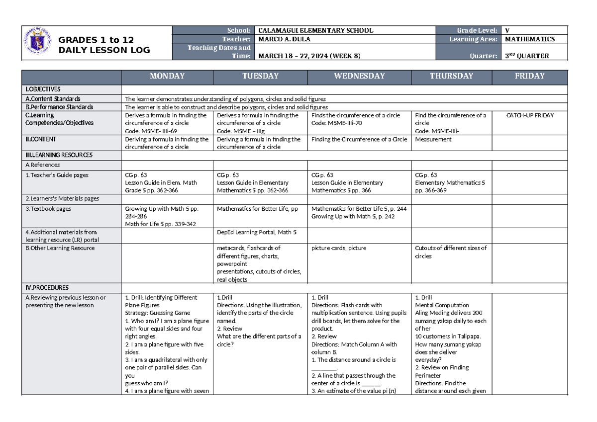 DLL Mathematics 5 Q3 W8 - None - GRADES 1 to 12 DAILY LESSON LOG School ...