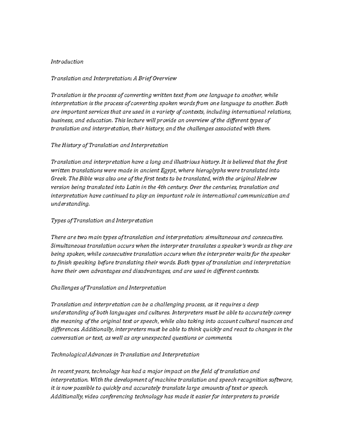 Translation and Interpretation Study Notes Introduction Translation and Interpretation A