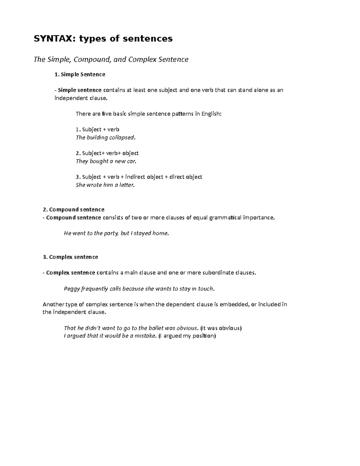 Syntax - sentential level - SYNTAX: types of sentences The Simple ...