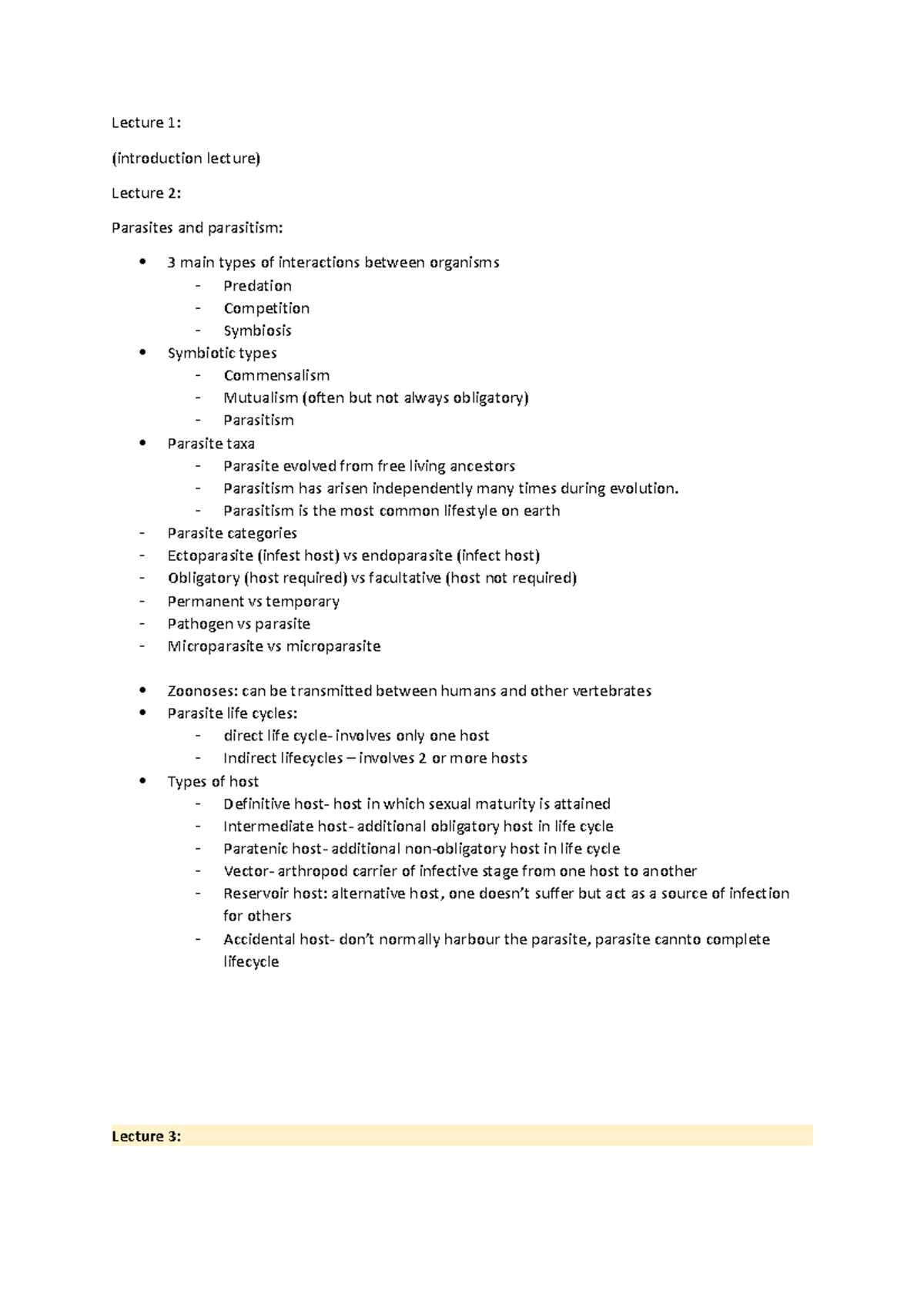 VTE278 - notes - Lecture 1: (introduction lecture) Lecture 2: Parasites ...