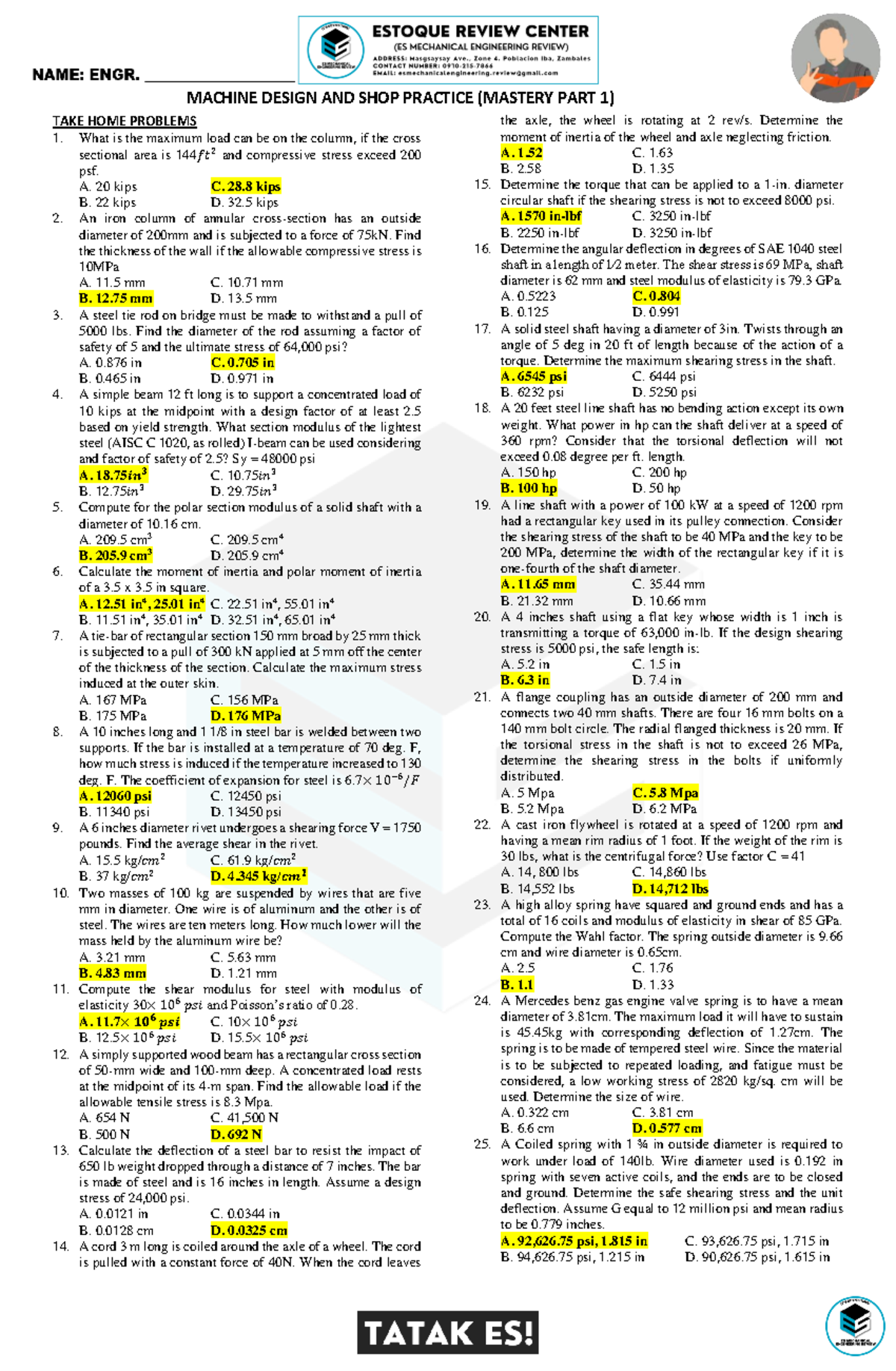 MDSP Mastery PART 1 Answer KEY - MACHINE DESIGN AND SHOP PRACTICE ...