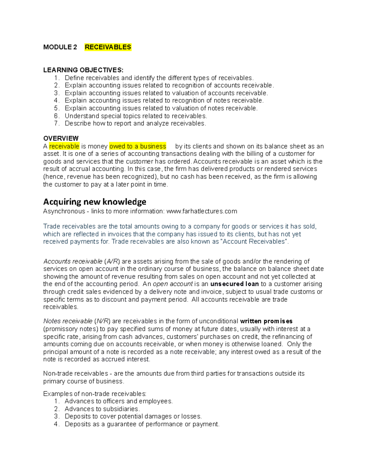 Module2 Receivables MODULE 2 RECEIVABLES LEARNING OBJECTIVES
