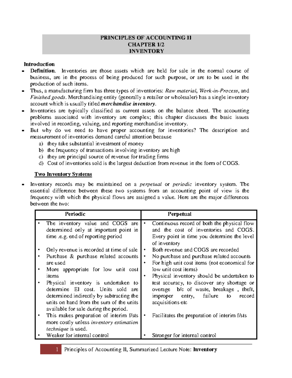 Inventory - Ghhh - PRINCIPLES OF ACCOUNTING II CHAPTER 1/ 2 INVENTORY ...