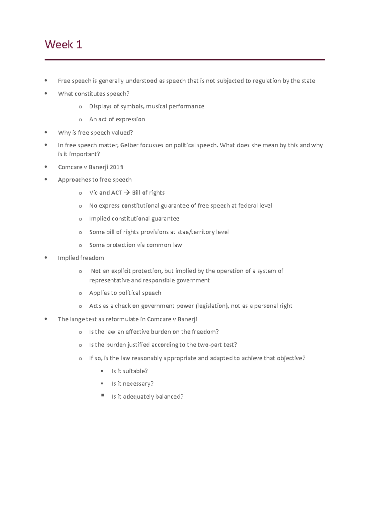 Media Law - Week 1 Free speech is generally understood as speech that ...