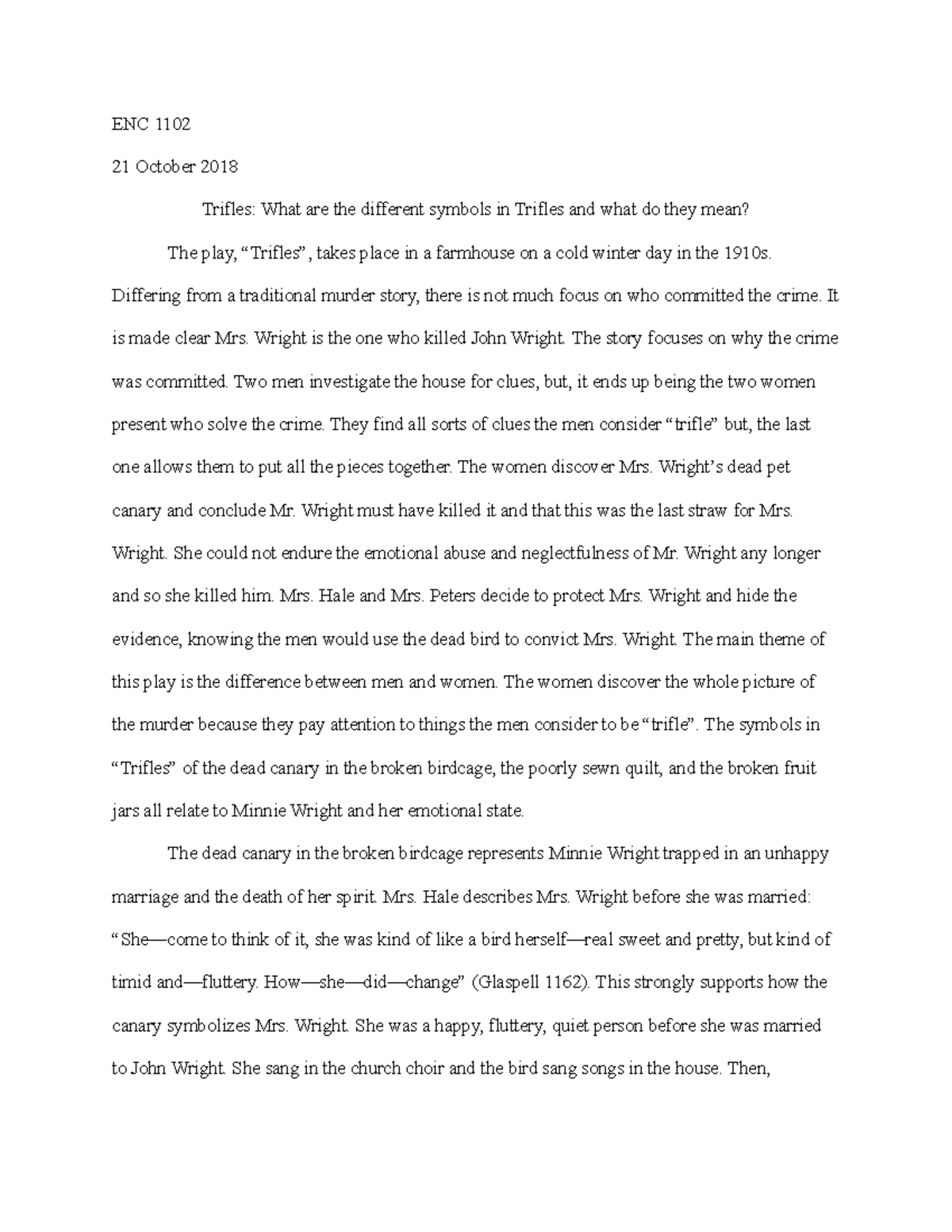 Trifles Symbolism ENC 1102 21 October 2018 Trifles What are the