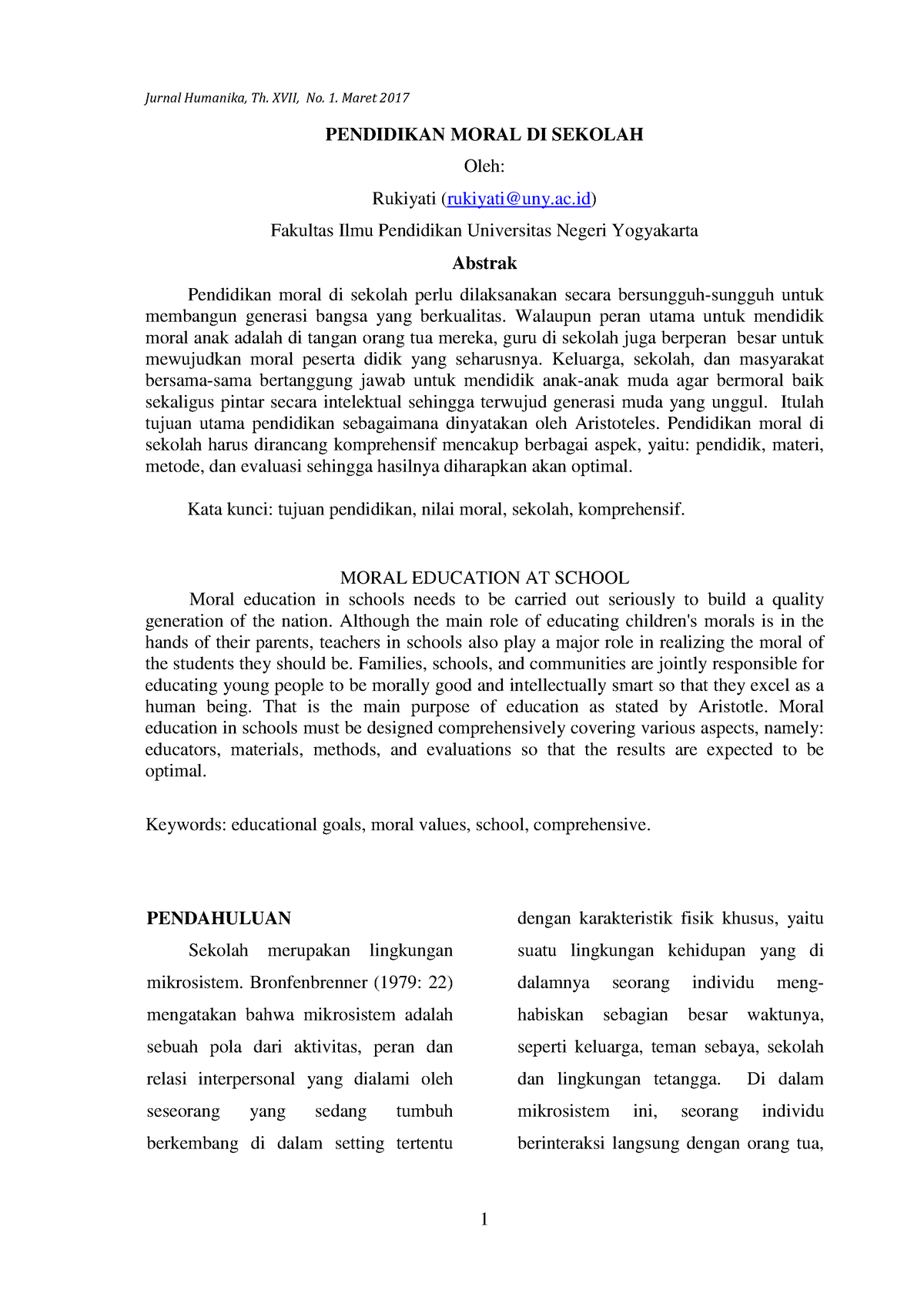 Pendidikan Moral Aristo Pendidikan Moral Di Sekolah Oleh Rukiyati Rukiyatiunyac Fakultas 