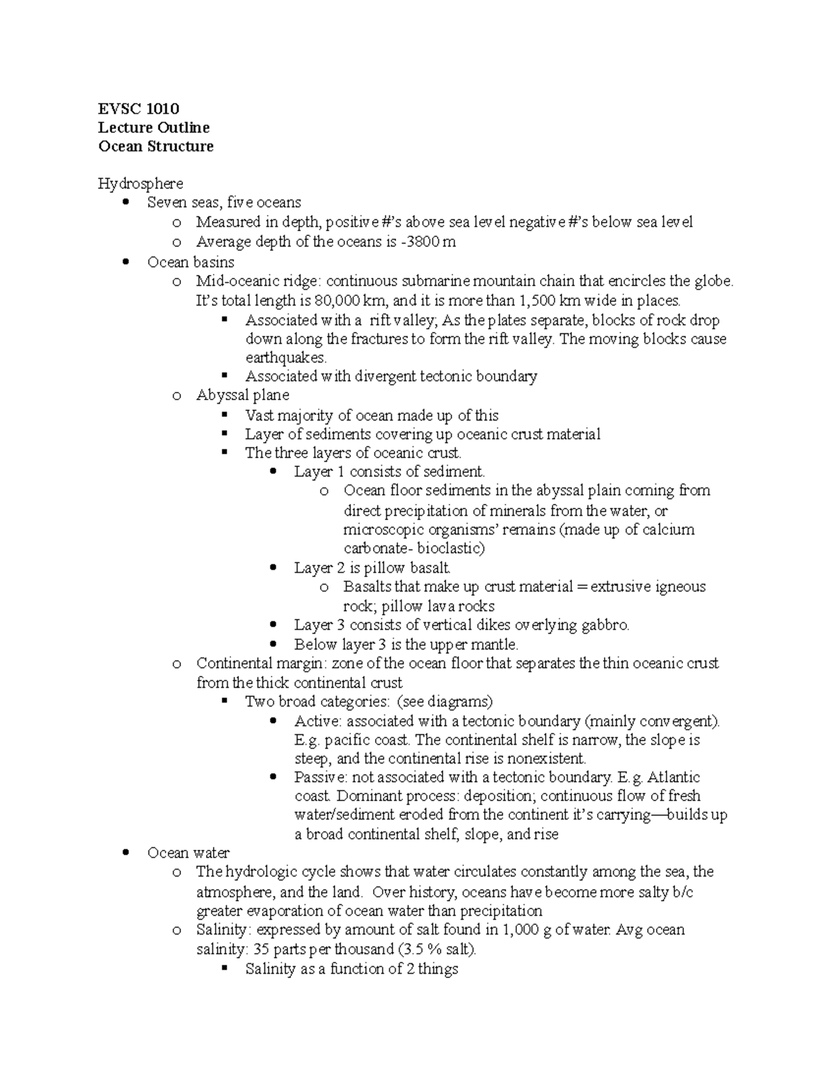 Ocean Structure - notes - EVSC 1010 Lecture Outline Ocean Structure ...