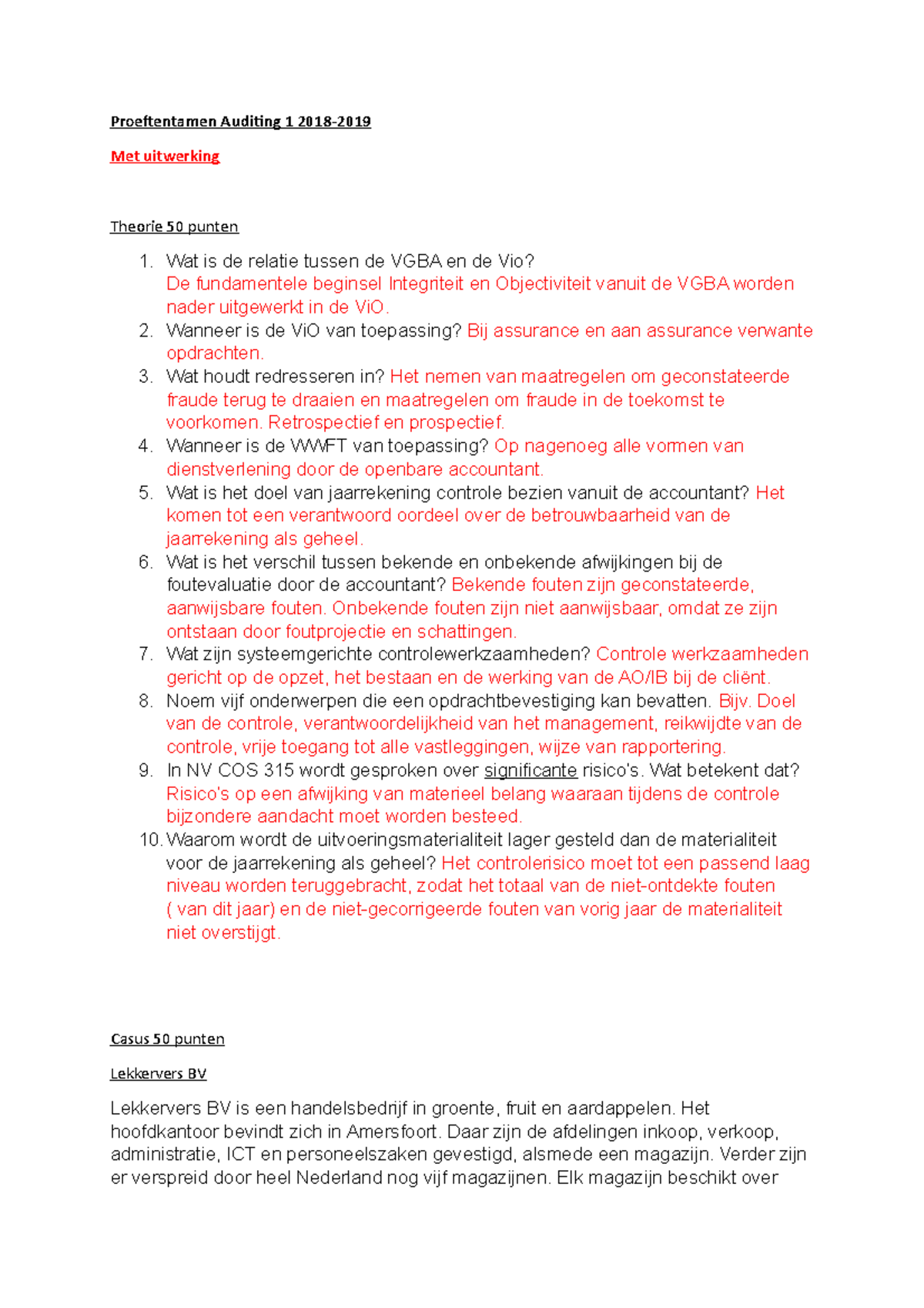 Proeftentamen Met Uitwerking Auditing 1 2018-2019 - Proeftentamen ...