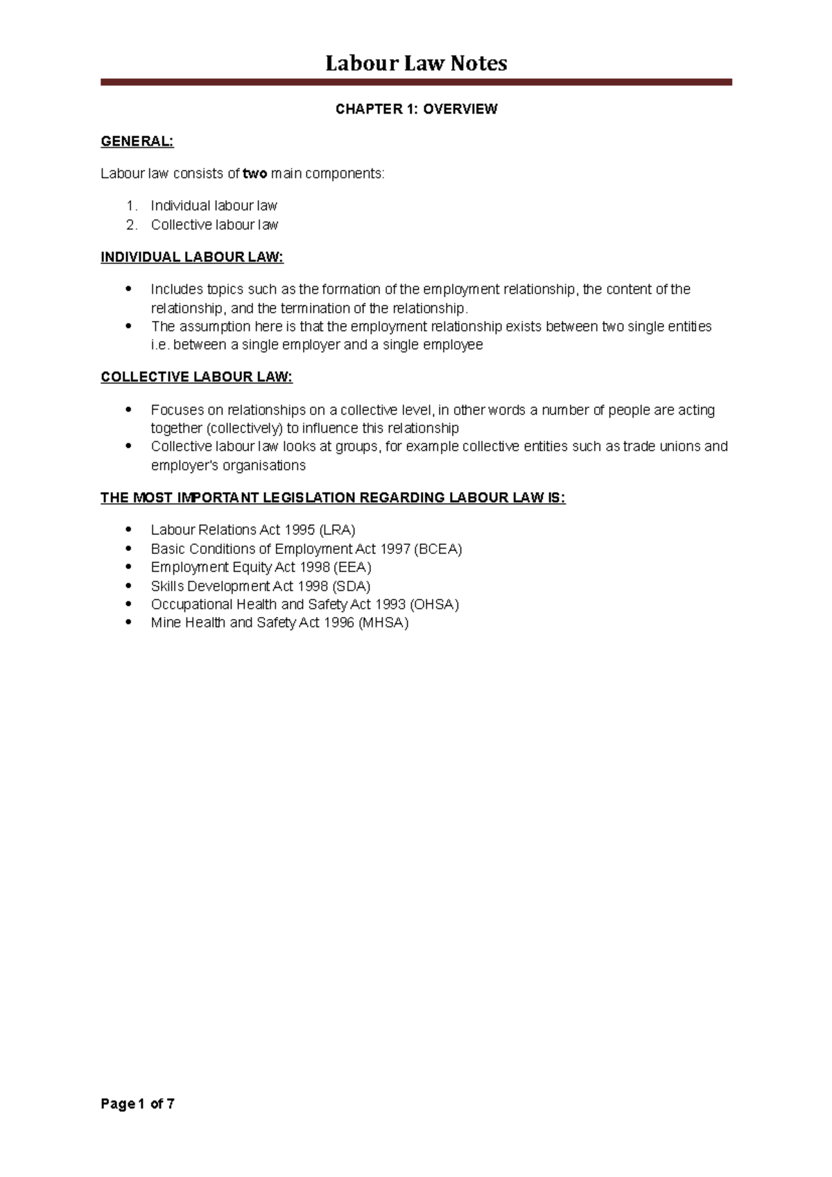 Labour Law Notes Chapter 1 2 Labour Law Rules CHAPTER 1 OVERVIEW