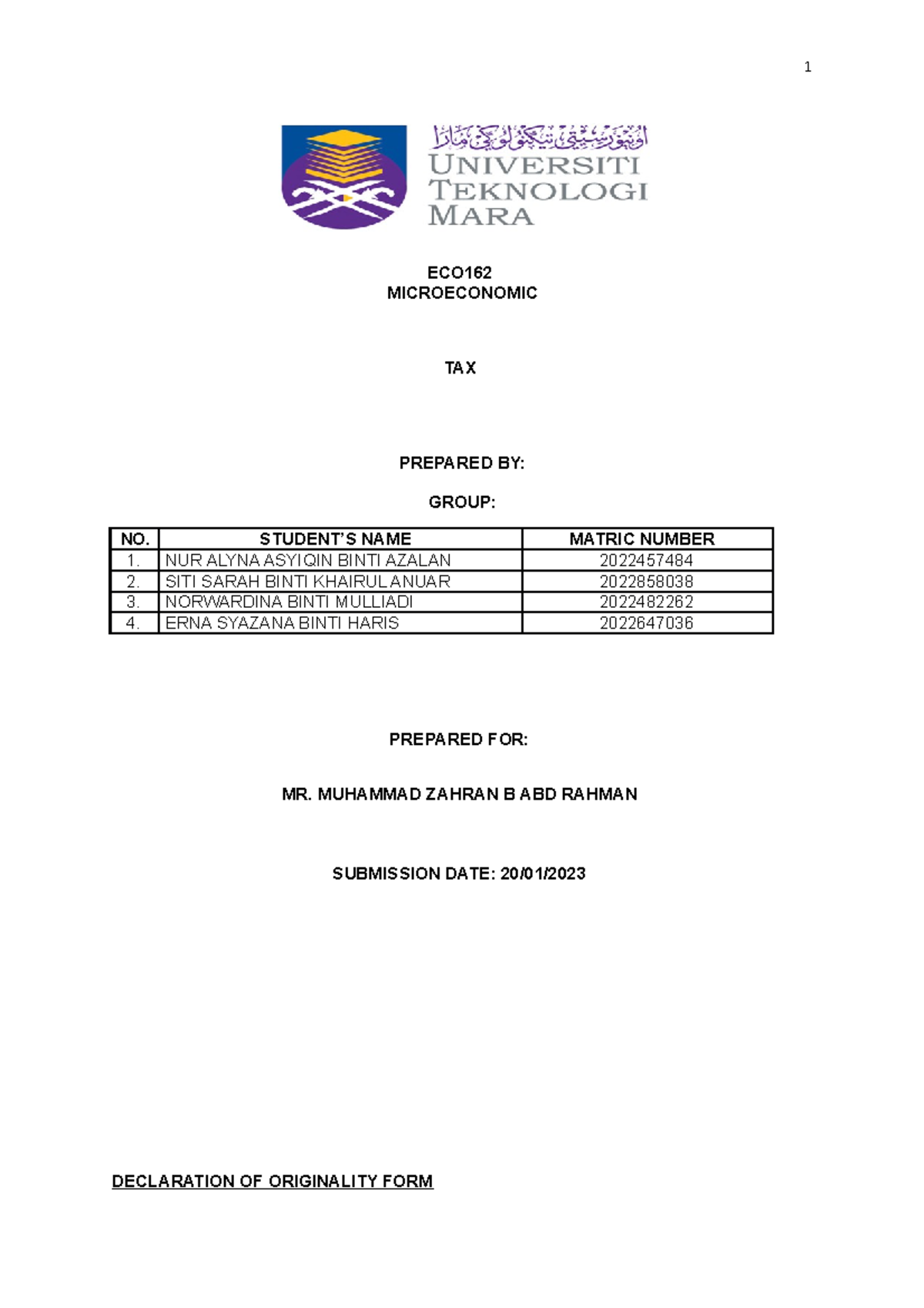 ECO162 TAX - Group Assignment - ECO MICROECONOMIC TAX PREPARED BY ...