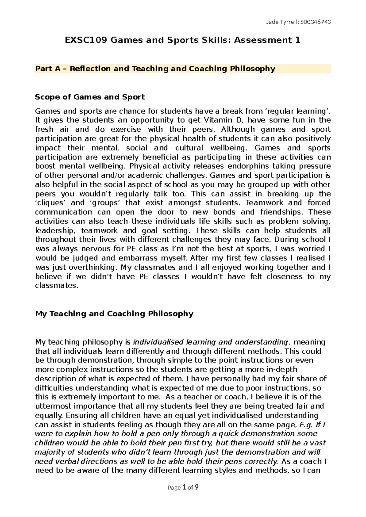 EXSC109 A1 HAND IN - EXSC109 Games and Sports Skills: Assessment 1 Part ...