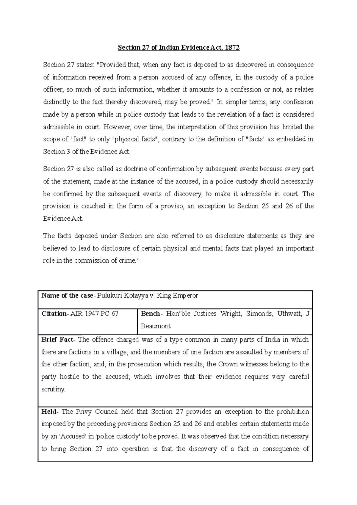 Section 27 IEA - Section 27 of Indian Evidence Act, 1872 Section 27 ...