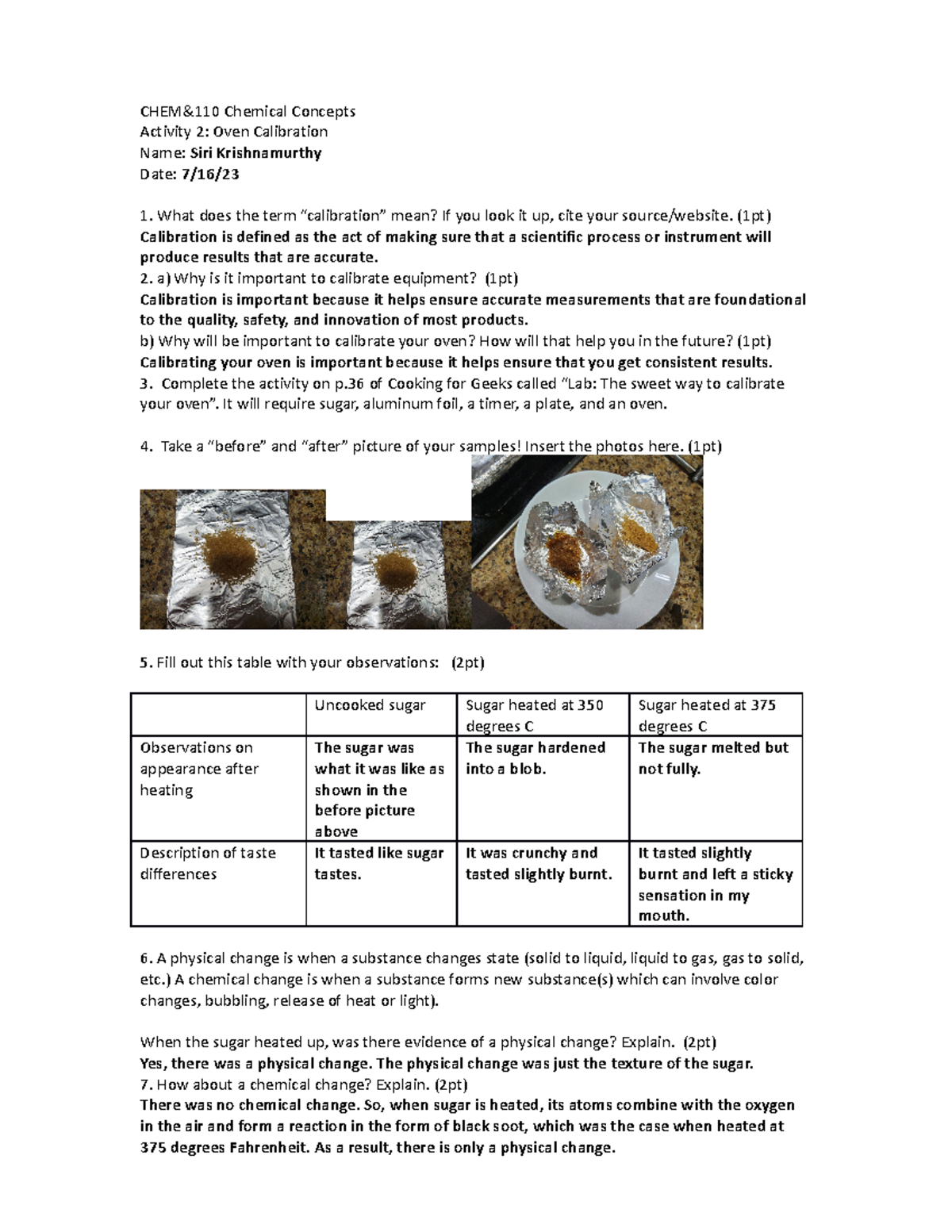 Oven calibration lab CHEM&110 Chemical Concepts Activity 2 Oven