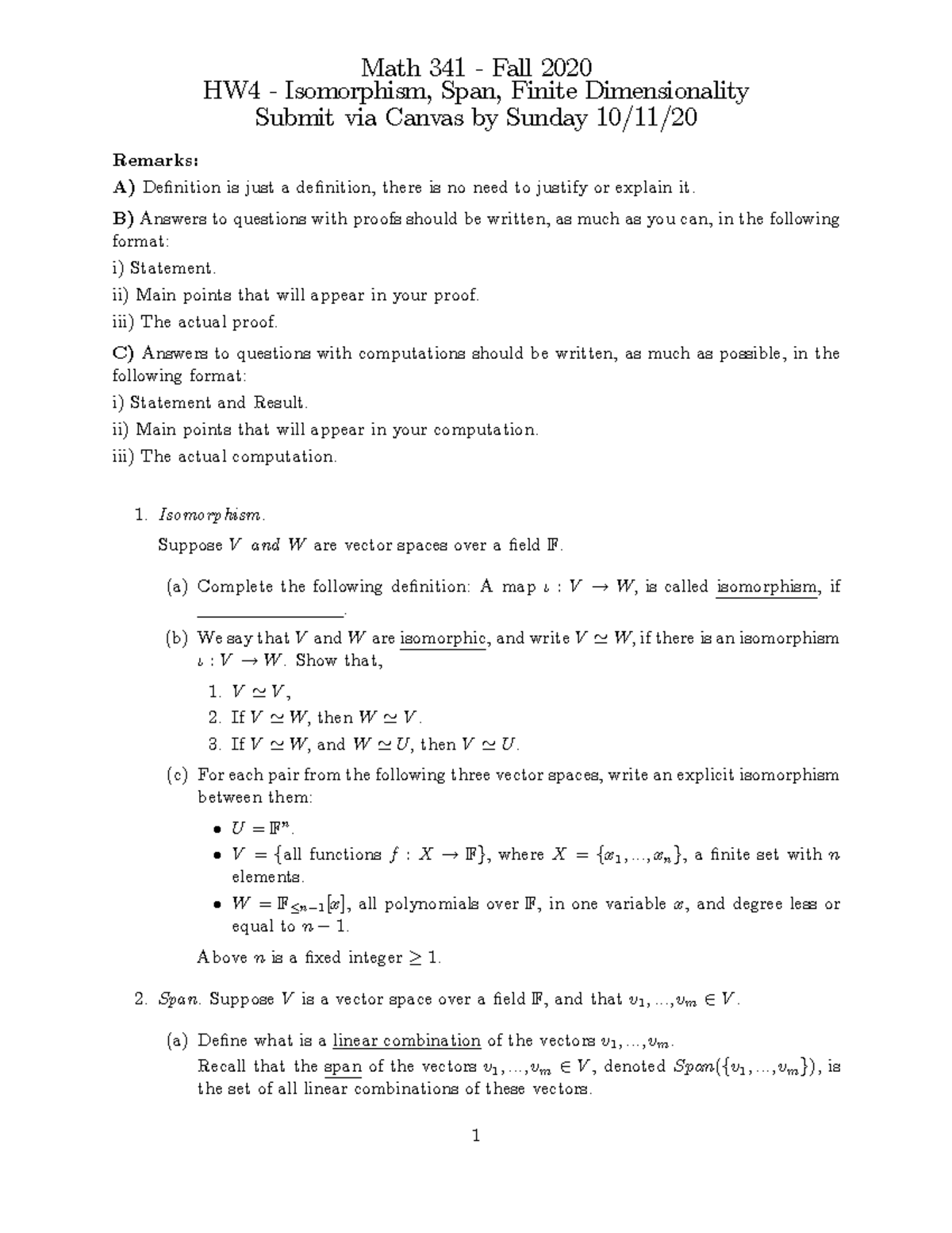 341-HW4-F20 - Fall 2020 - Math 341 - Fall 2020 HW4 - Isomorphism, Span ...